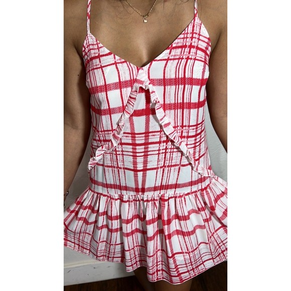 Avec Les Filles Plaid Windowpane Grid Check Mini Dress White Red  S - Picture 8 of 12